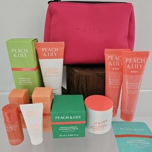 7 Peach & Lily w/Bag- Travel Sz Lotion Scrub Cream Cleanser Serum Polisher Mask!